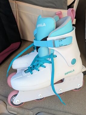 Impala Lightspeed Inline Skates White/Sky Blue Sz 10 + Bag, Pads & Guards